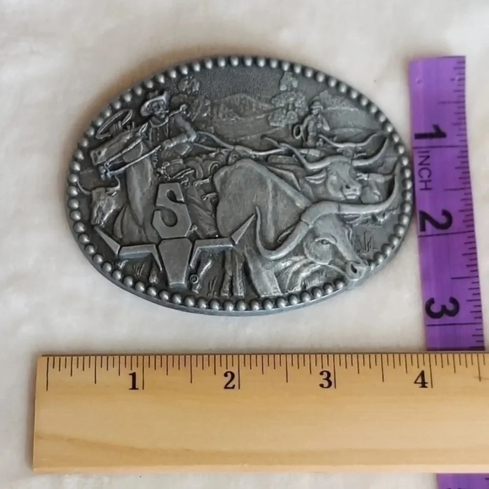 Vintage Silver Pewter‎ Western Cattle Drive Belt Buckle Zee Series
